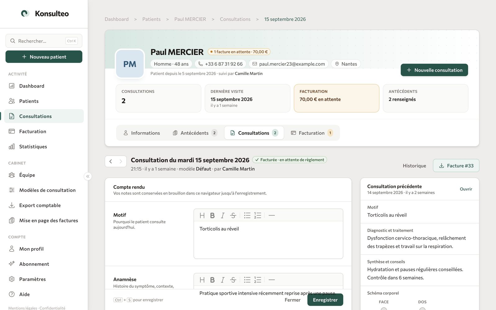 Compte rendu de consultation avec éditeur de texte et schéma corporel
