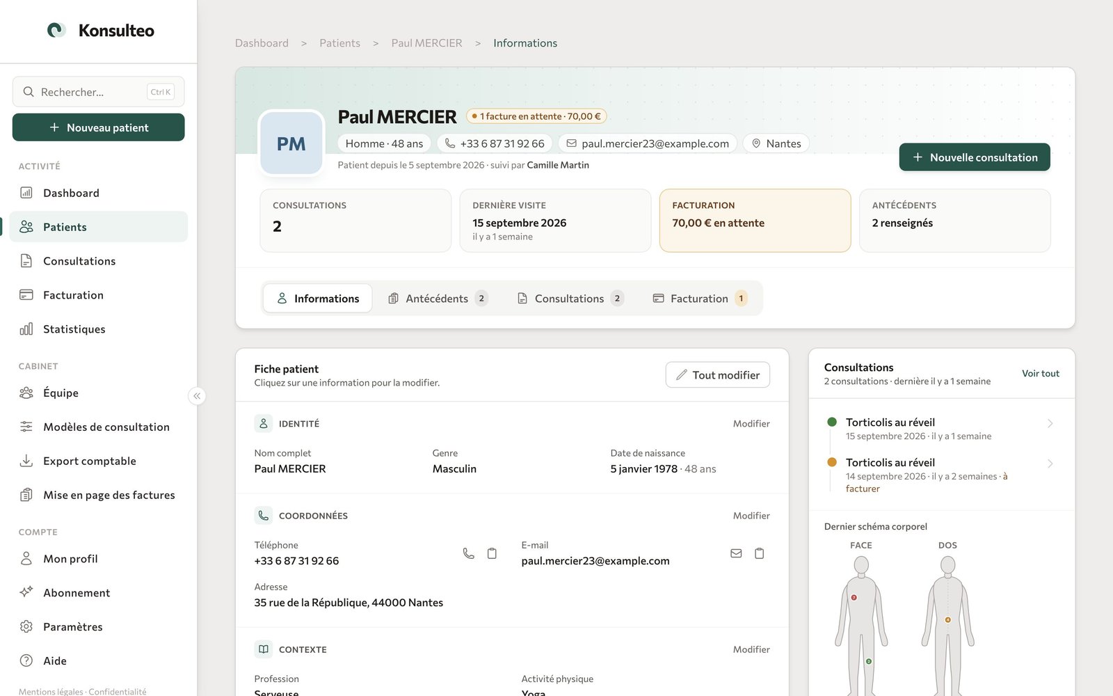 Fiche patient dans Konsulteo : identité, indicateurs, consultations récentes et dernier schéma corporel